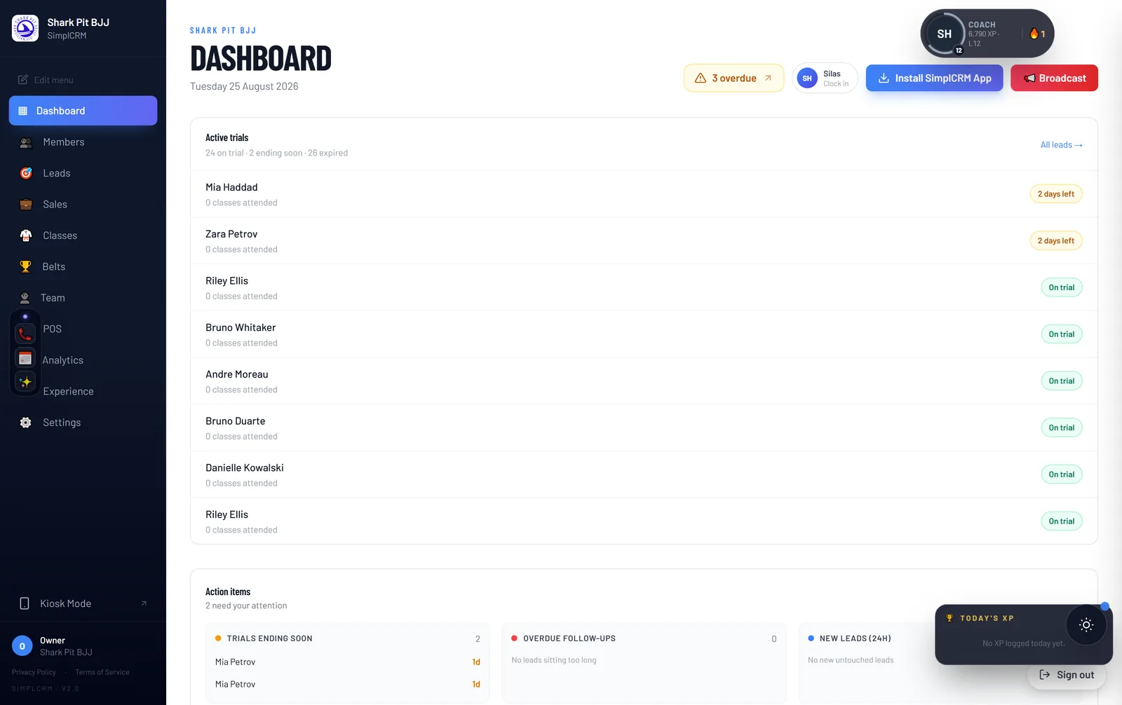 The SimplCRM dashboard showing active trials, action items and gym KPIs