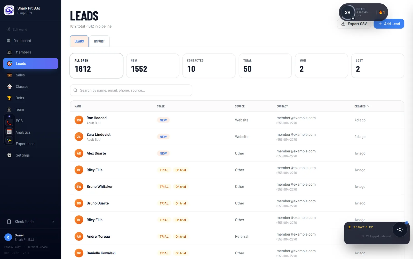 SimplCRM leads pipeline showing lead stages and follow-up tasks