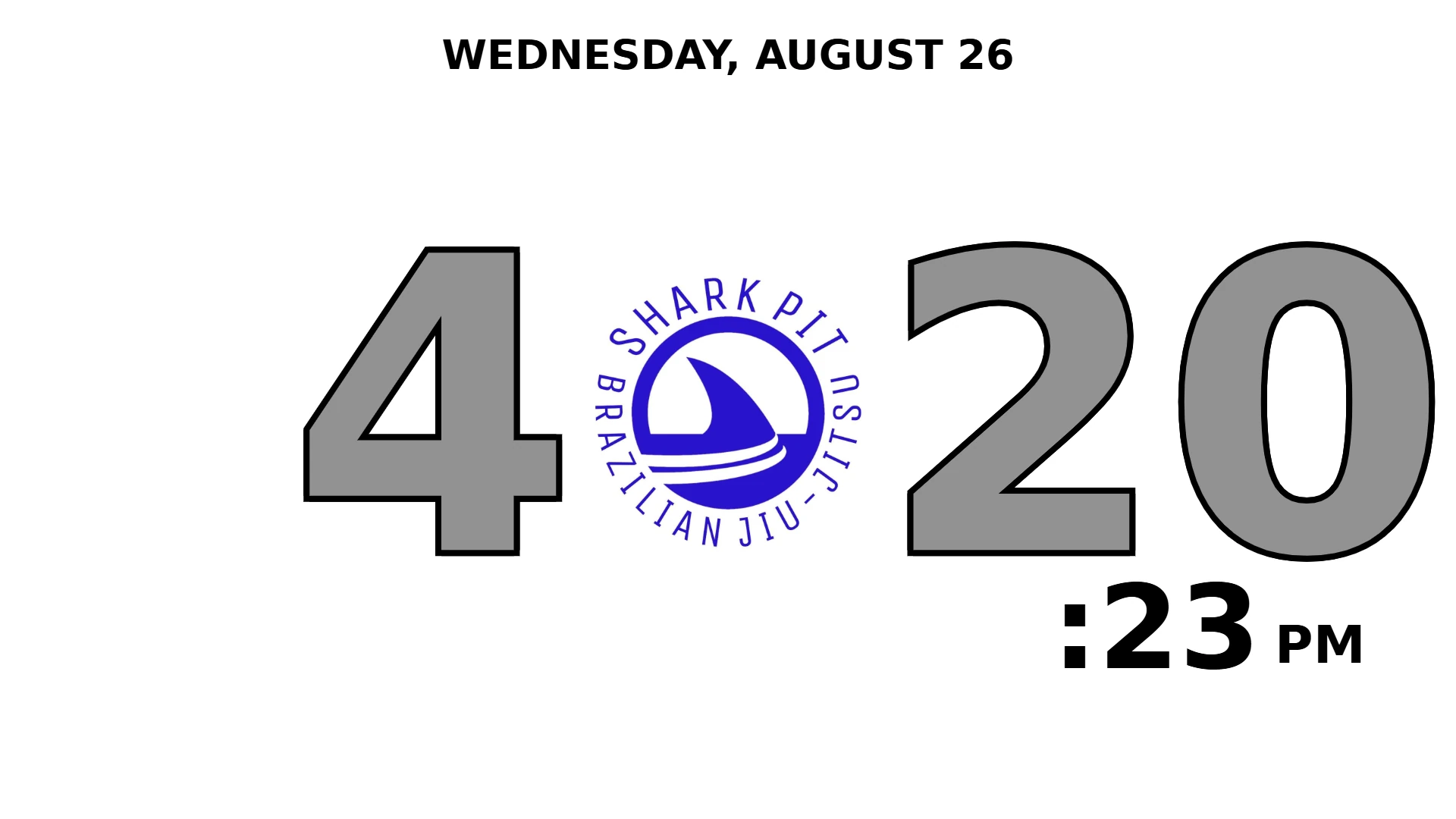 SimplCRM gym timer branded for Shark Pit BJJ — white background, grey digits and the club logo